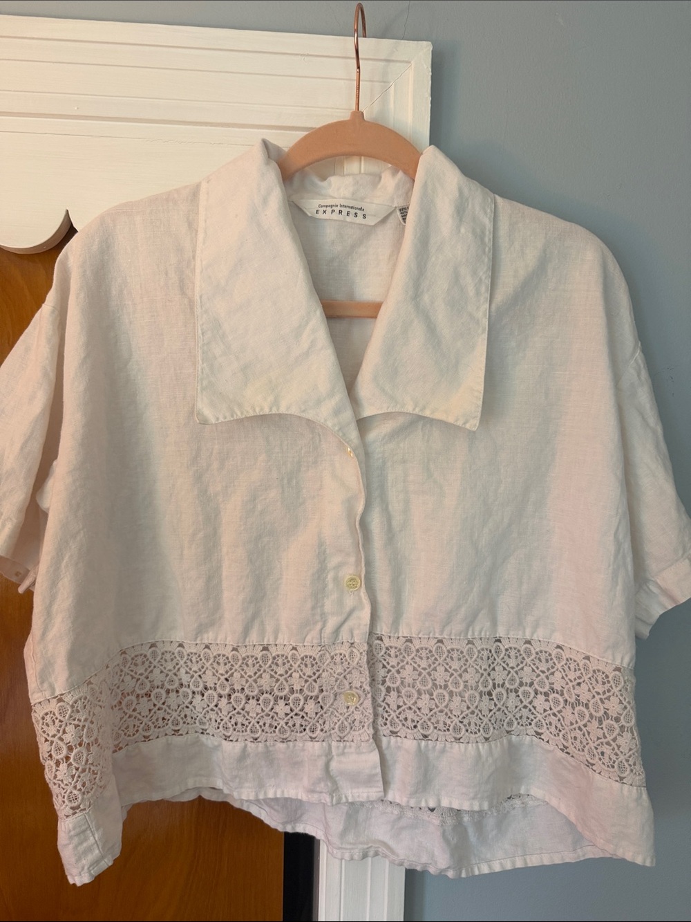 VINTAGE EXPRESS LINEN SHIRT IVORY SHORT SLEEVE BOXY CROP WOMENS SMALL